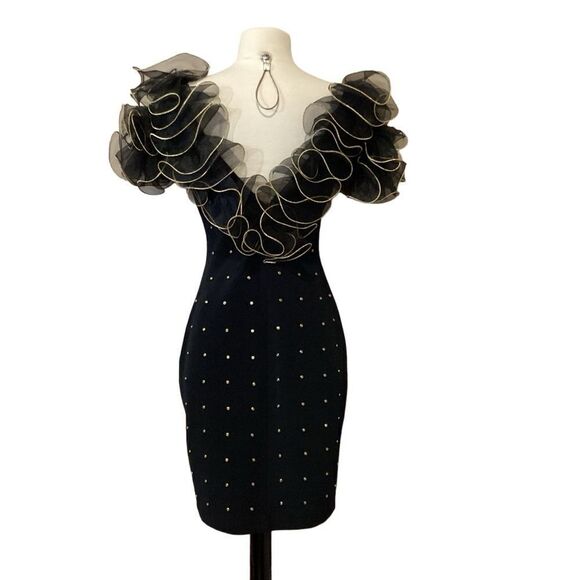 Tadashi Shoji Silk Puff Sleeve Black Body Con Party Dress Vintage ‘90s sz S - Picture 8 of 9